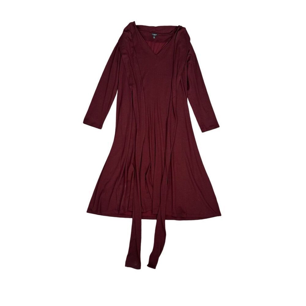 TALBOTS Burgundy V-neck, Long Sleeve Wool Dress with Cross Cross/waist tie